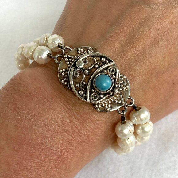 Sterling Silver 925 Two Strand Baroque Pearl Turquoise Bali Clasp Bracelet - Picture 4 of 16